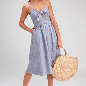 Blue and White Striped Knotted Front Midi Dress